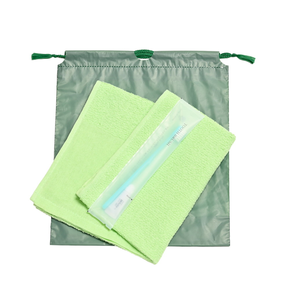 160匁平地付タオル・国産ハブラシセット（グリーン）濃色巾着袋入り　200セット