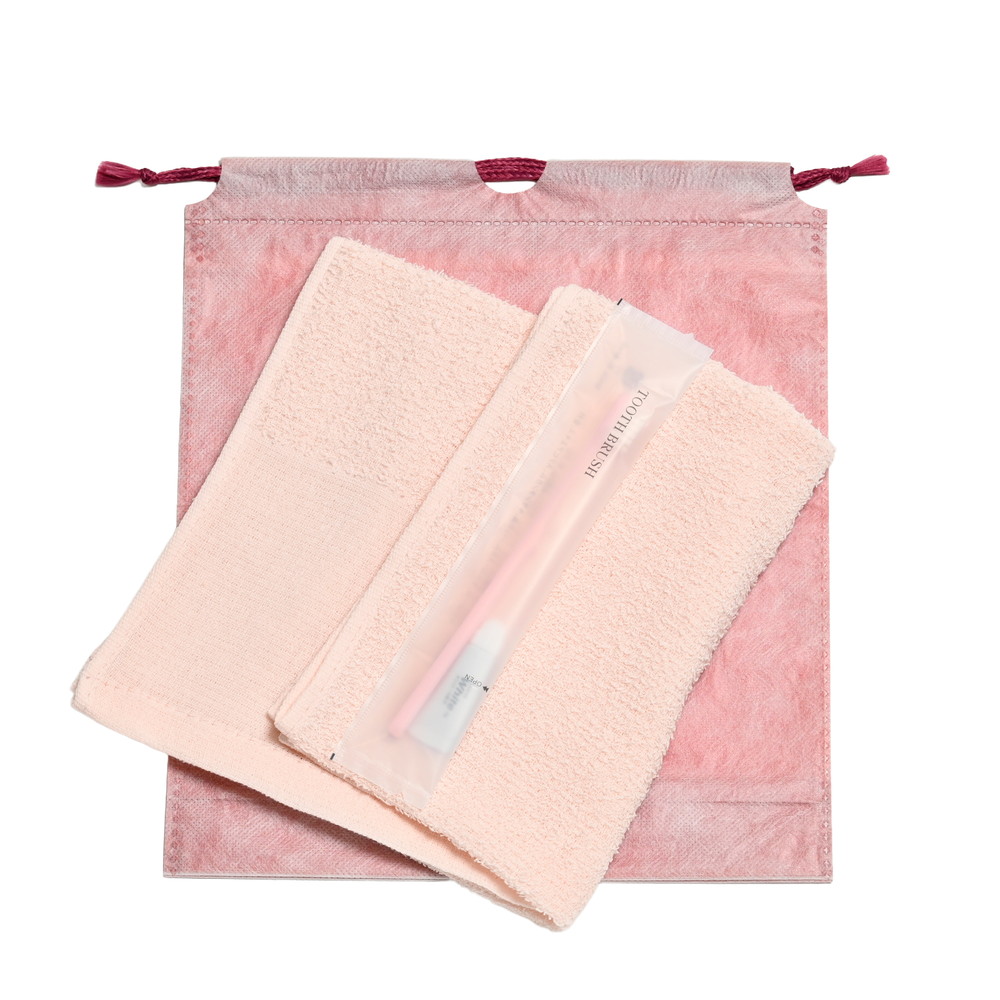 160匁平地付タオル・国産ハブラシセット（ピンク）和紙柄巾着袋入り　200セット