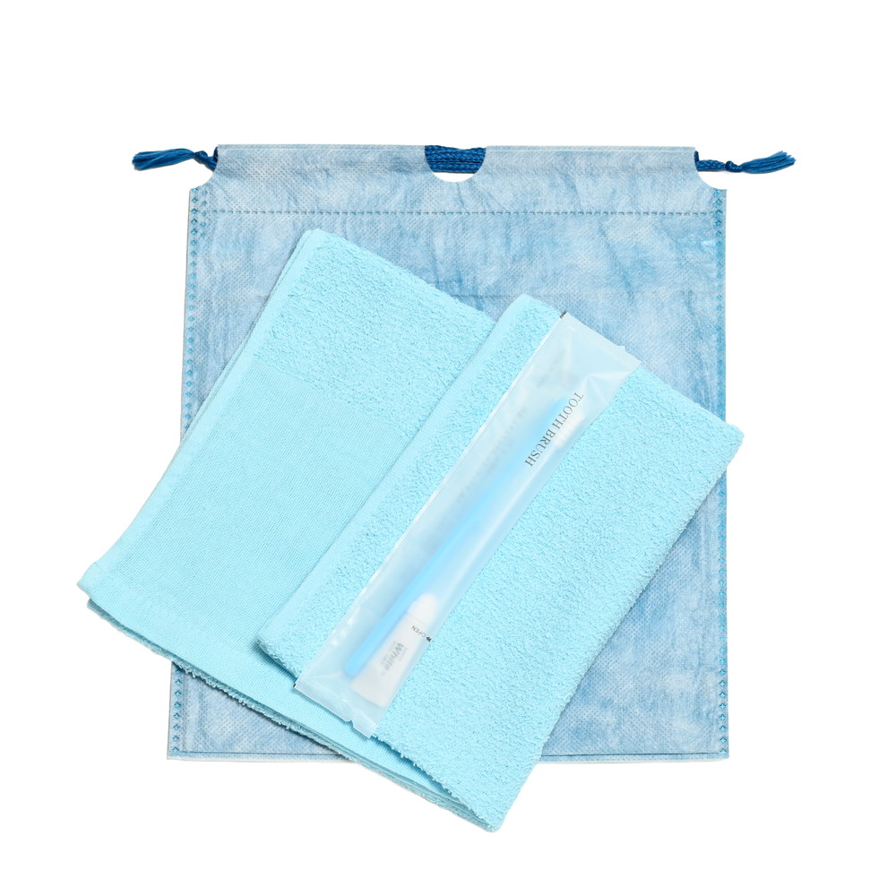 160匁平地付タオル・国産ハブラシセット（ブルー）和紙柄巾着袋入り　200セット