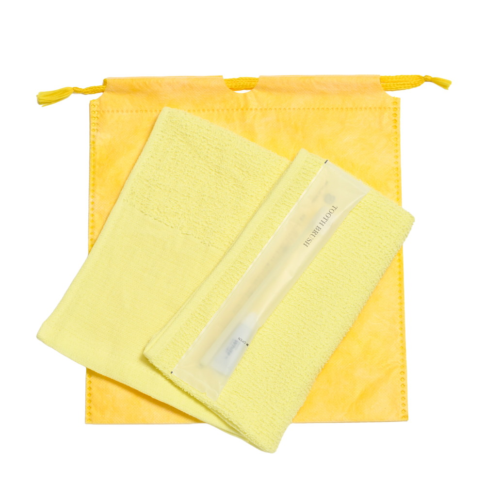 160匁平地付タオル・国産ハブラシセット（イエロー）和紙柄巾着袋入り　200セット