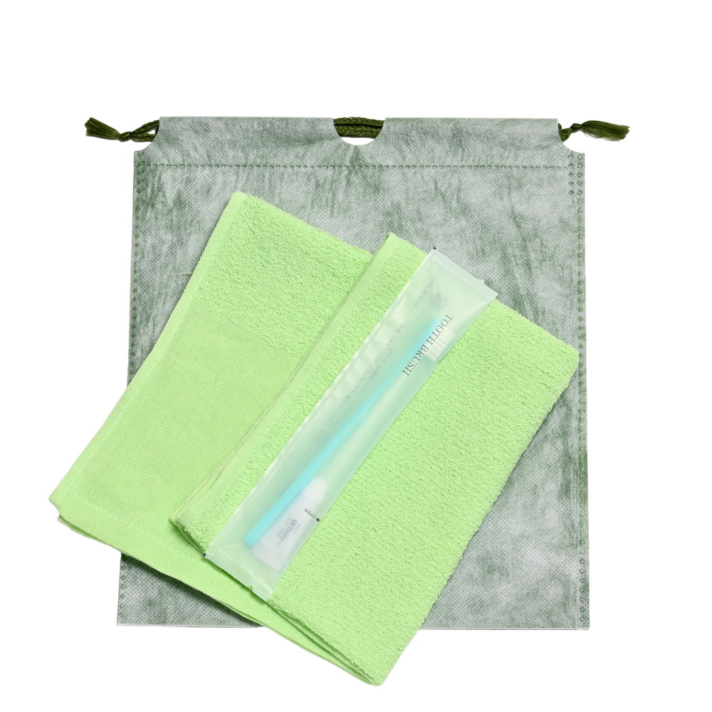 160匁平地付タオル・国産ハブラシセット（グリーン）和紙柄巾着袋入り　200セット