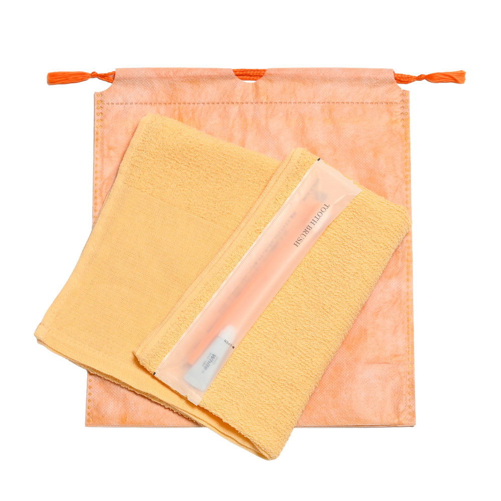 160匁平地付タオル・国産ハブラシセット（オレンジ）和紙柄巾着袋入り　200セット