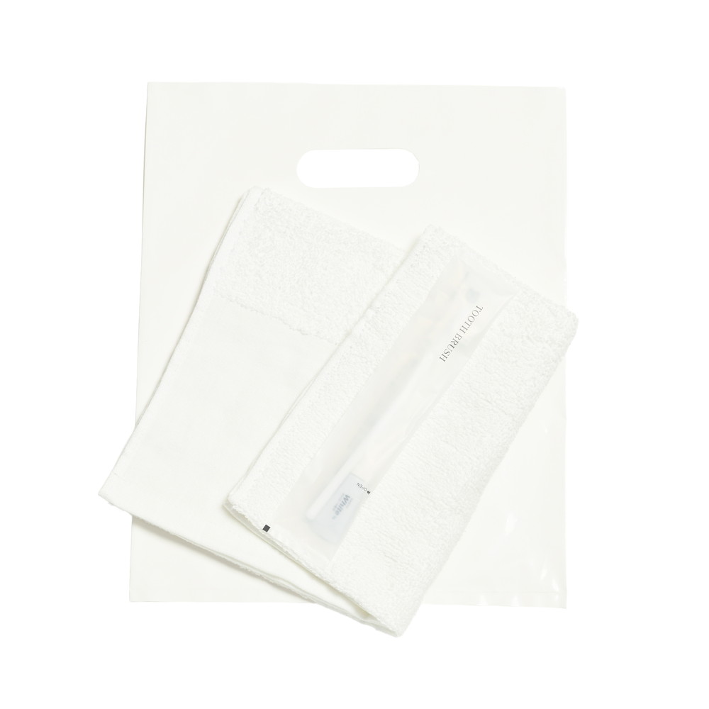 180匁平地付ソフトタオル・国産ハブラシセット（白）小判抜きバッグ入り　200セット