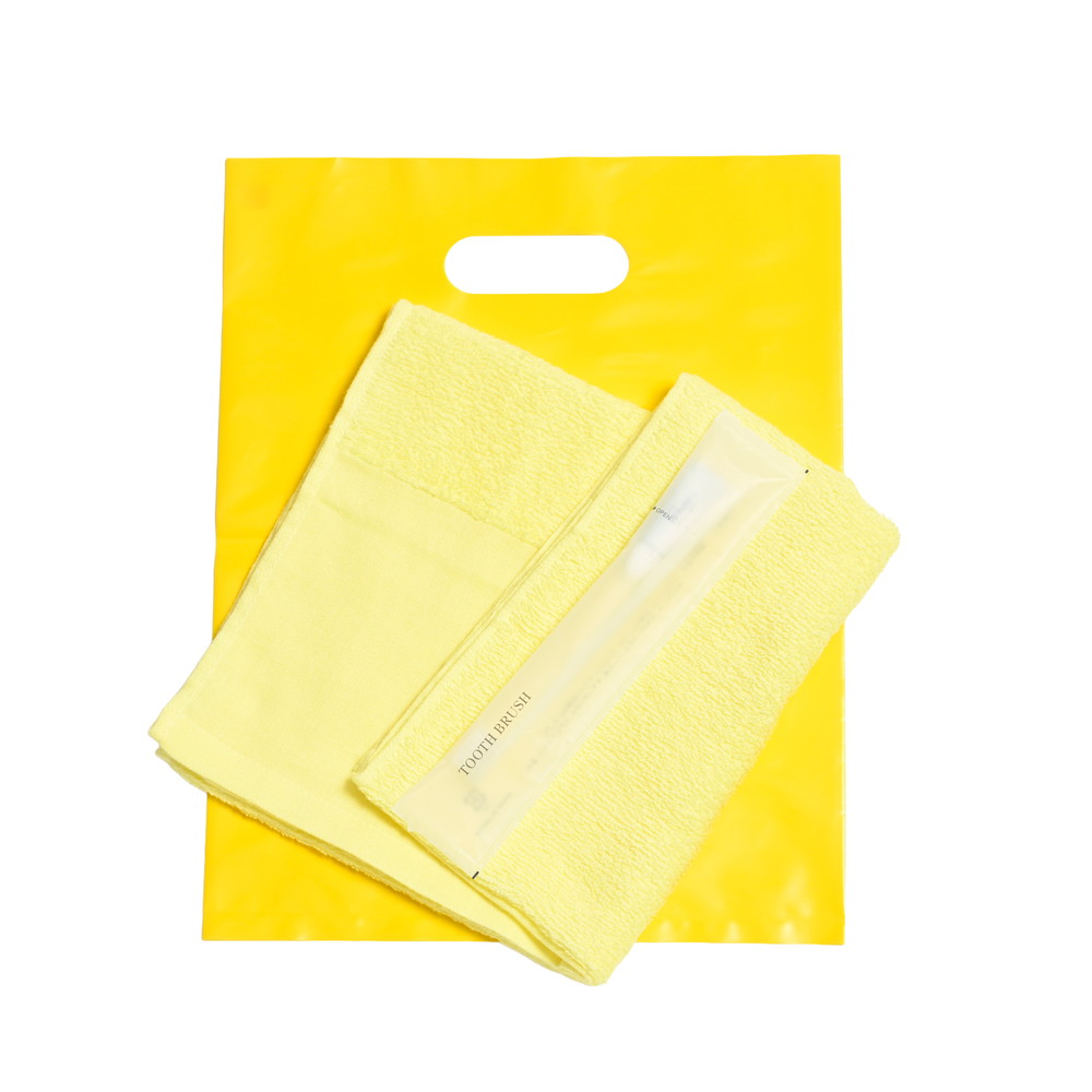 180匁平地付ソフトタオル・国産ハブラシセット（イエロー）小判抜きバッグ入り　200セット