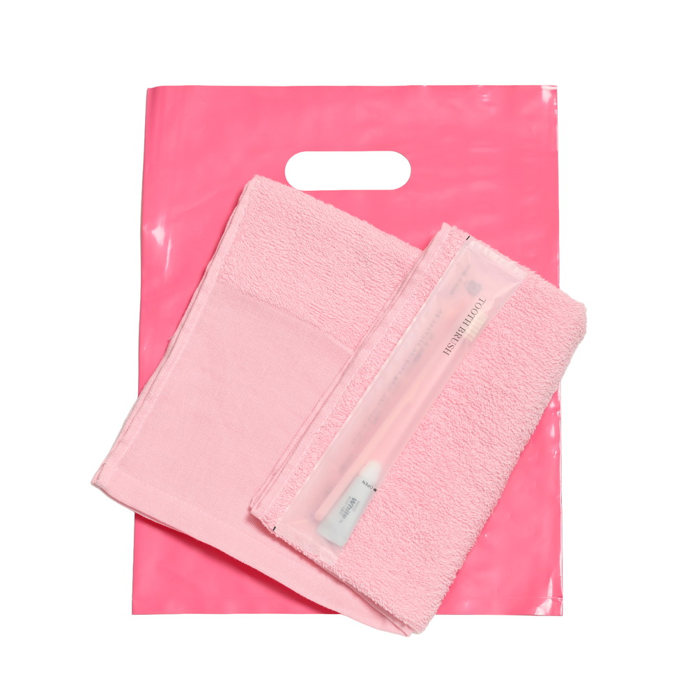 180匁平地付ソフトタオル・国産ハブラシセット（ピンク）小判抜きバッグ入り　200セット