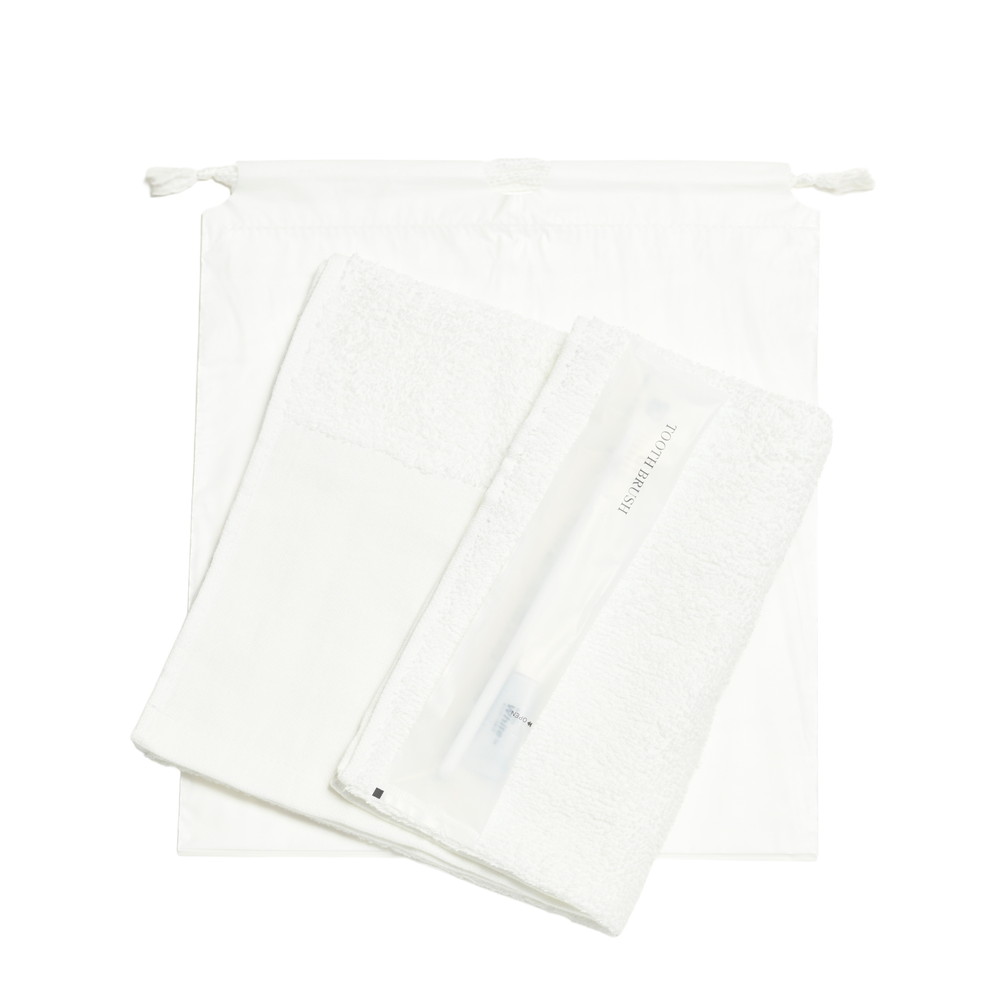 180匁平地付ソフトタオル・国産ハブラシセット（白）巾着袋入り　200セット