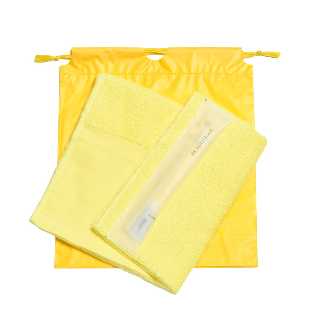 180匁平地付ソフトタオル・国産ハブラシセット（イエロー）巾着袋入り　200セット