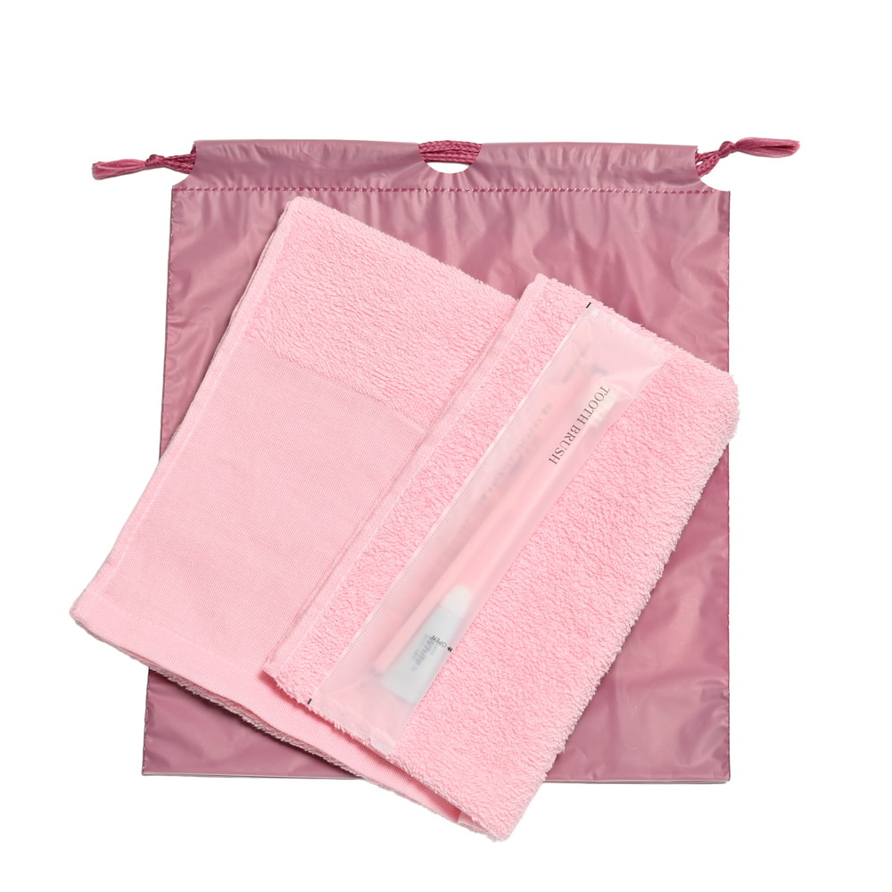 180匁平地付ソフトタオル・国産ハブラシセット（ピンク）濃色巾着袋入り　200セット