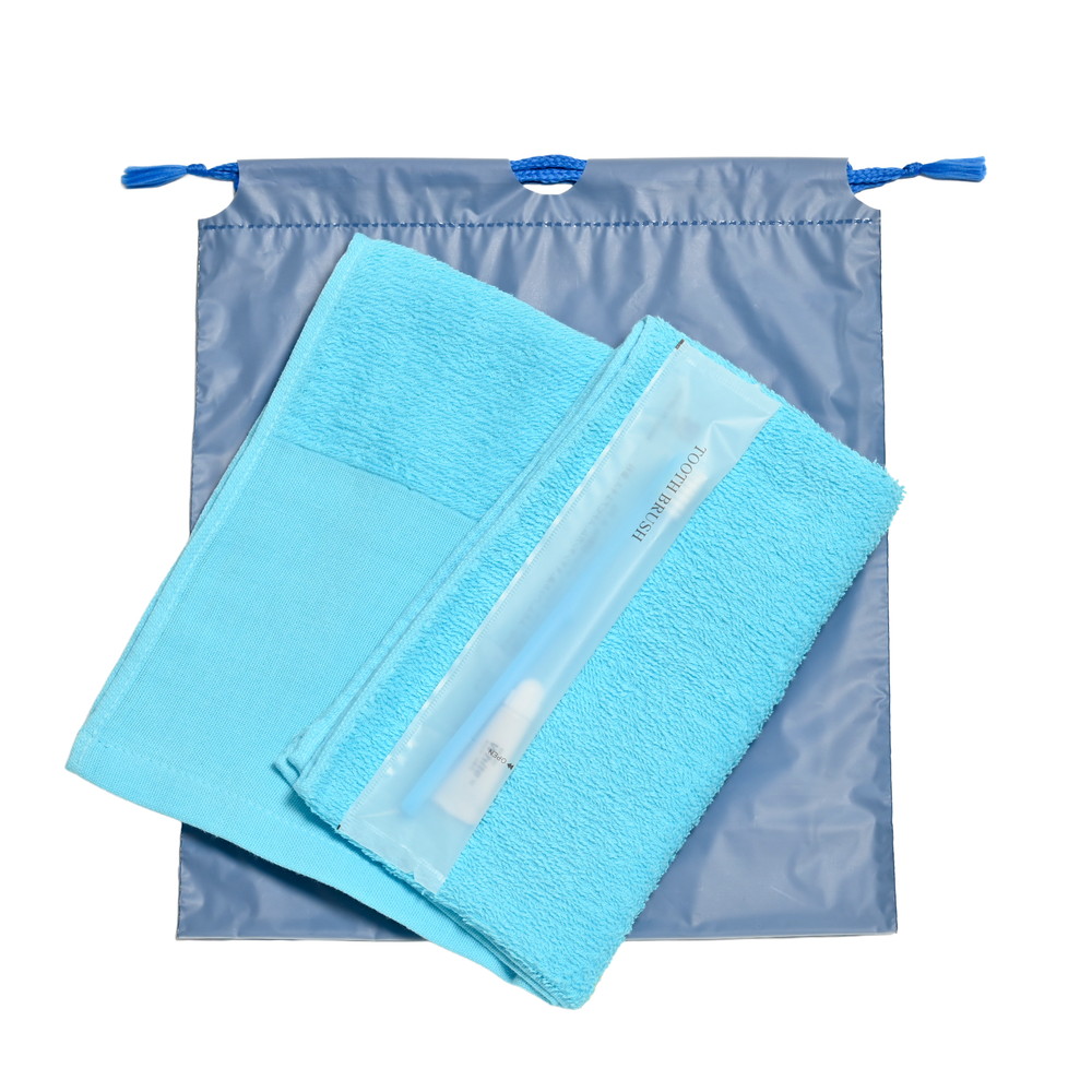 180匁平地付ソフトタオル・国産ハブラシセット（ブルー）濃色巾着袋入り　200セット