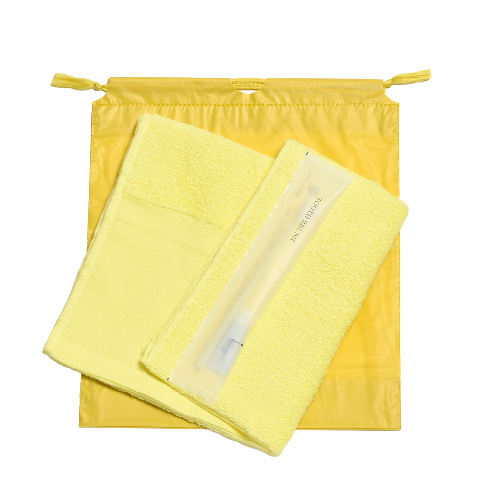 180匁平地付ソフトタオル・国産ハブラシセット（イエロー）濃色巾着袋入り　200セット