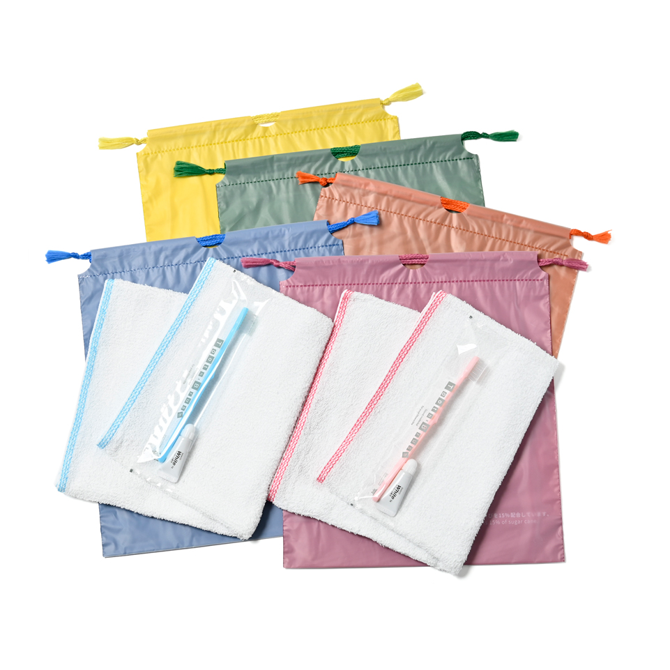 160匁 耳カラータオル・ハブラシセット（5色アソート）濃色巾着袋入り　100セット