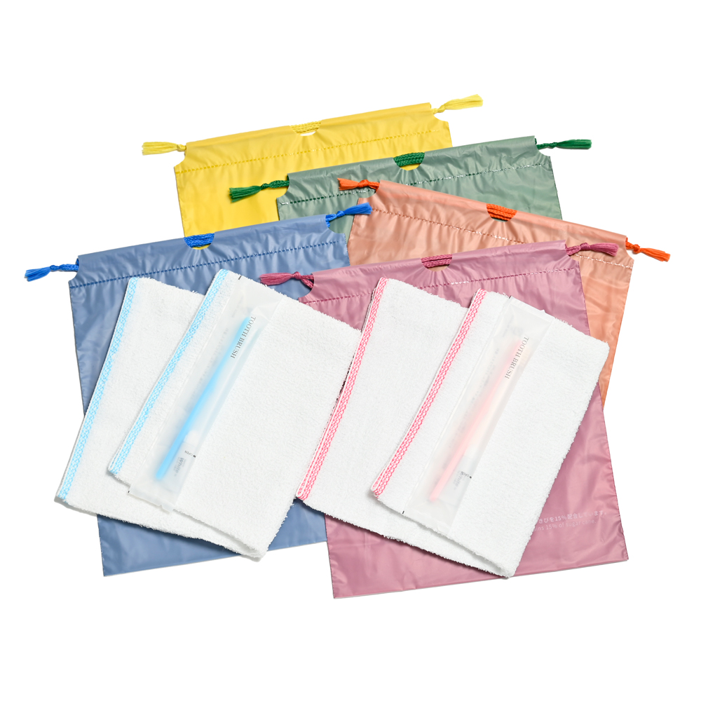 160匁 耳カラータオル・ハブラシセット（5色アソート）濃色巾着袋入り　200セット