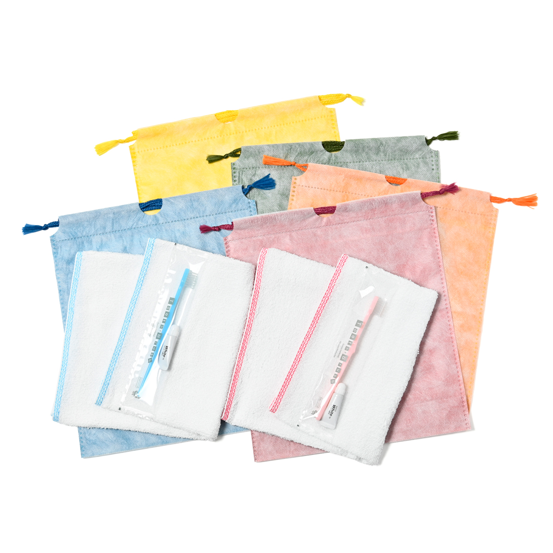 160匁 耳カラータオル・ハブラシセット（5色アソート）和紙柄巾着袋入り　100セット