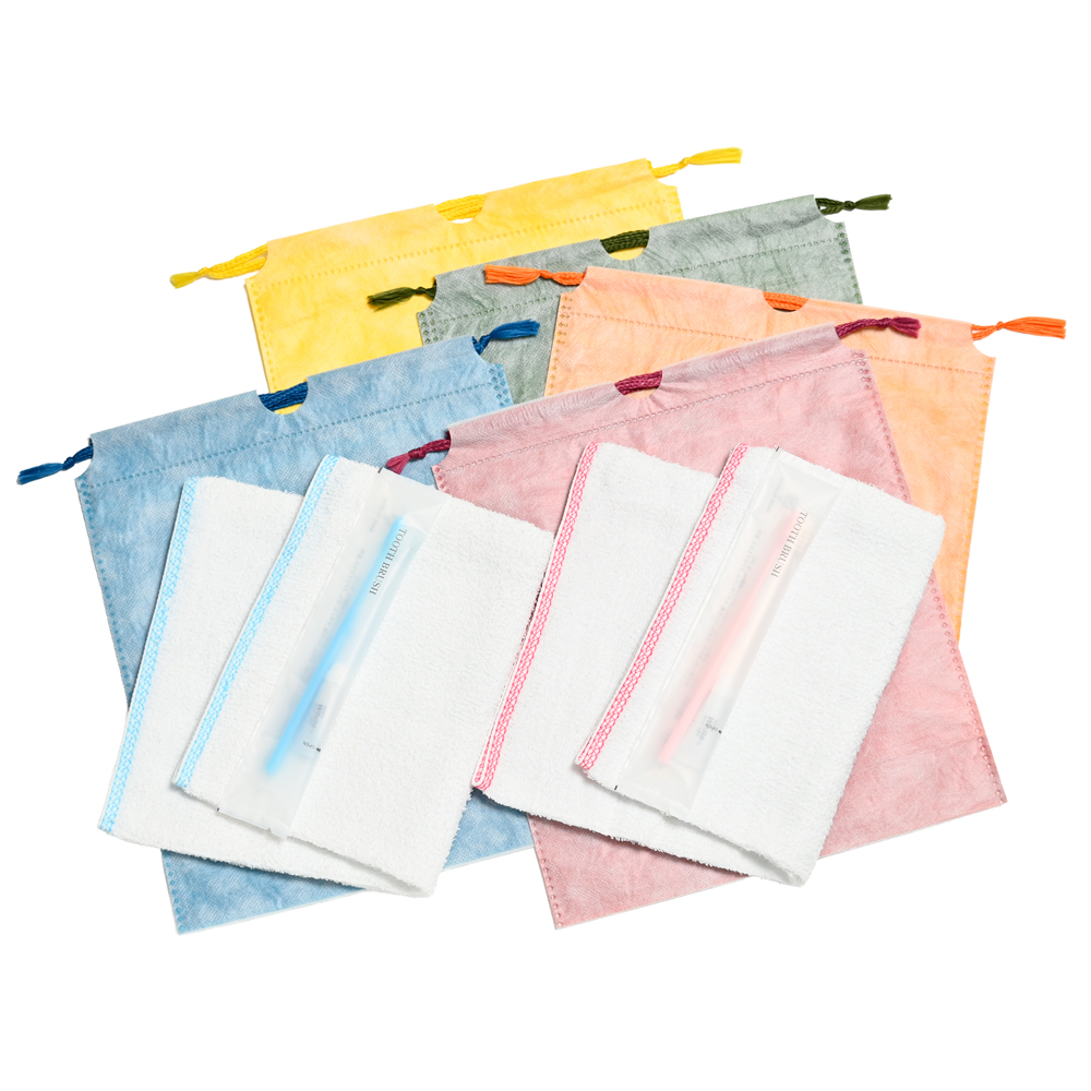 160匁 耳カラータオル・ハブラシセット（5色アソート）和紙柄巾着袋入り　200セット