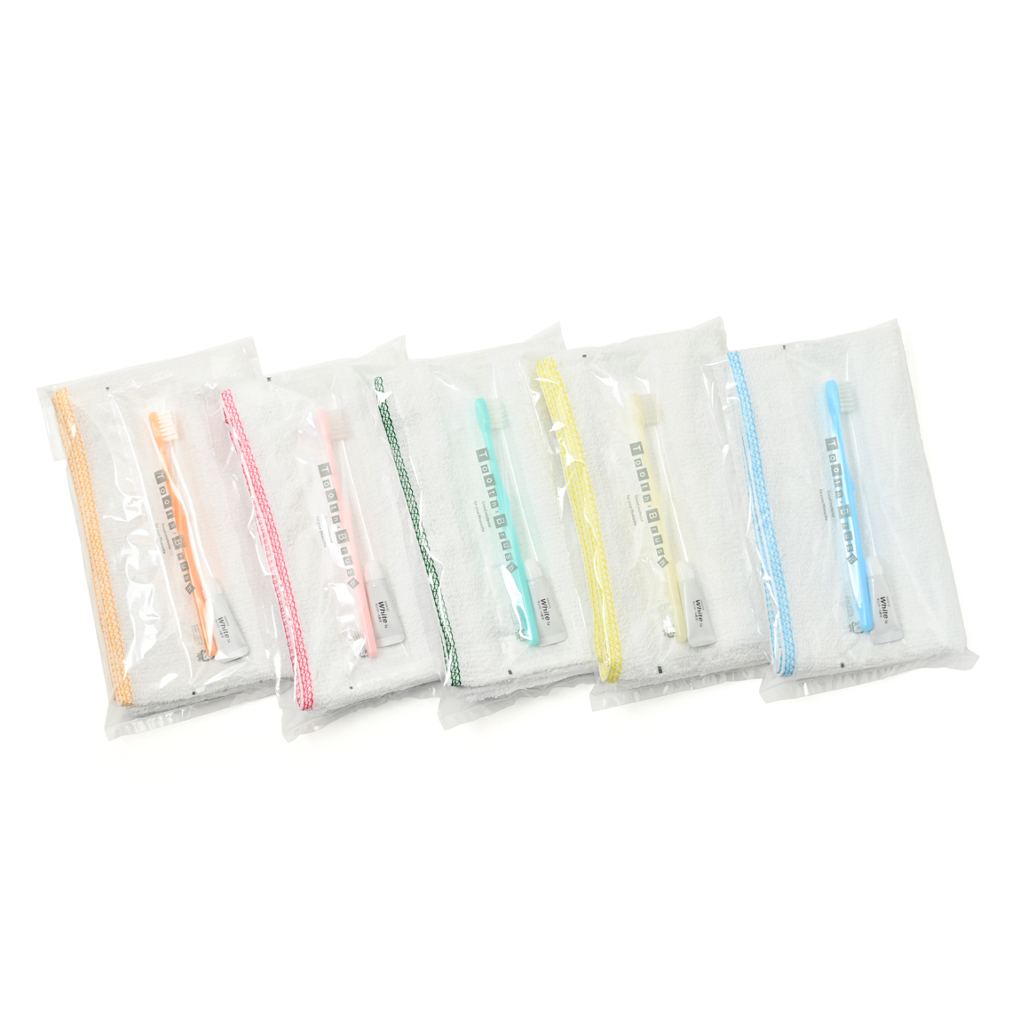 160匁 耳カラータオル・ハブラシセット（5色アソート）透明袋入り　100セット
