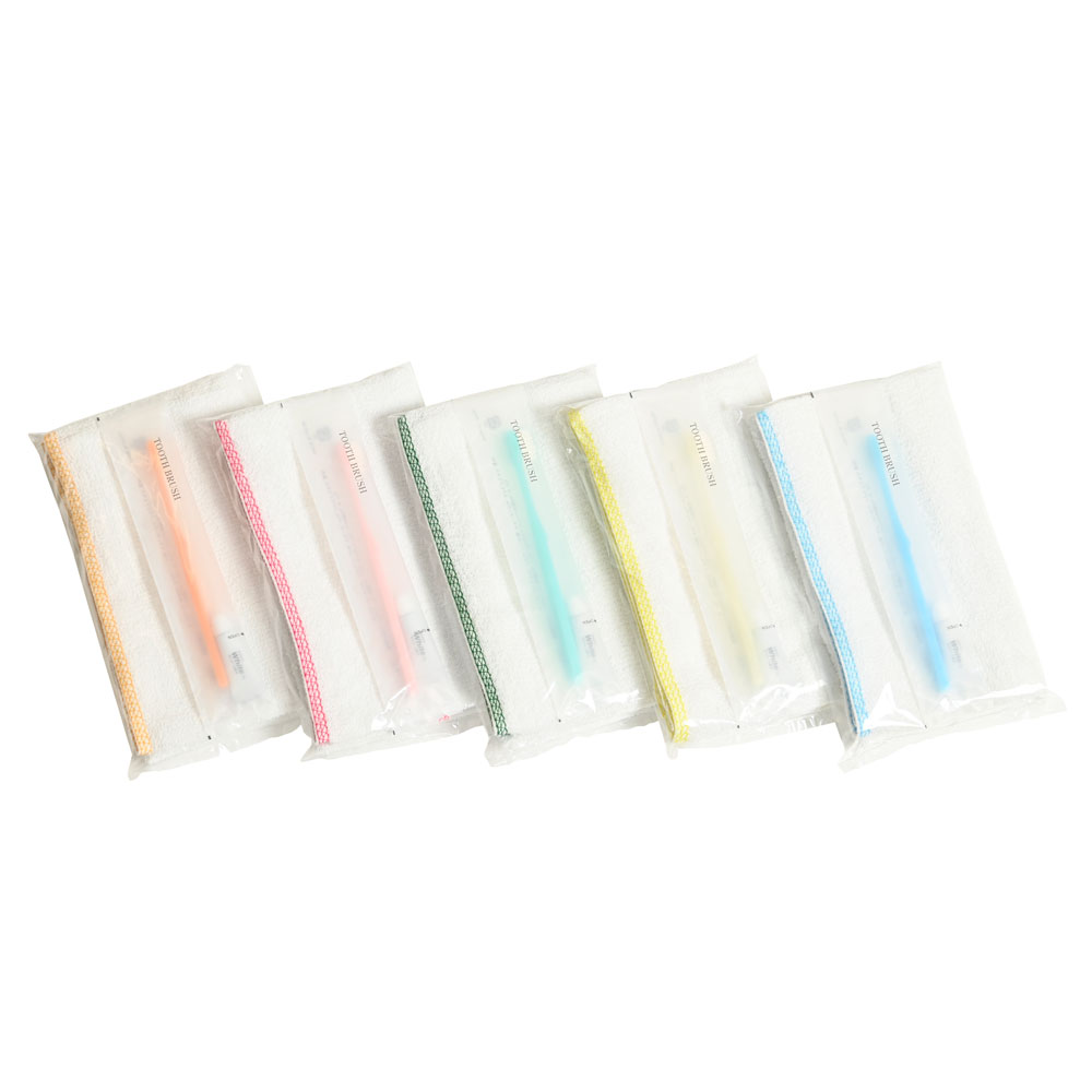 160匁 耳カラータオル・ハブラシセット（5色アソート）透明袋入り　200セット