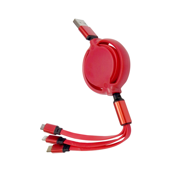 USB充電ケーブル3in1リール付(4色アソート)