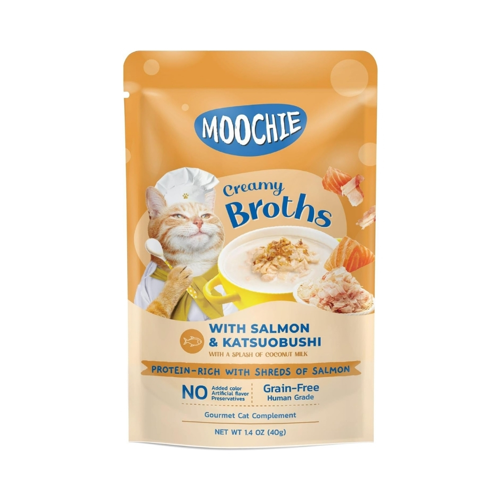 【次回 9月下旬入荷予定】【猫用 おやつ】Moochie/ムーシー 猫用 パウチ クリーミーブロスwithサーモン&かつおぶし (40g×12袋)