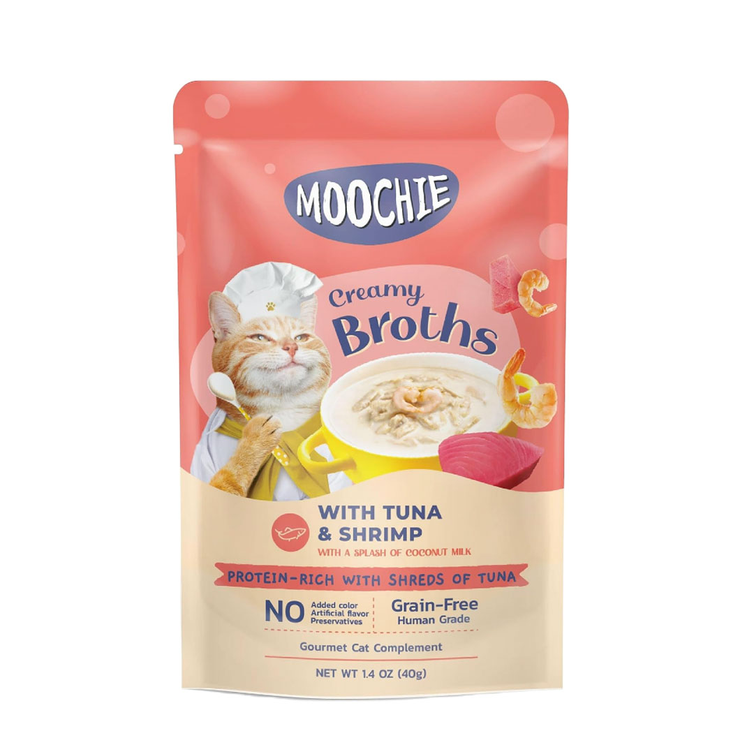 【猫用 おやつ】Moochie/ムーシー パウチ クリーミーブロス with ツナ ＆ シュリンプ (40g×16袋)