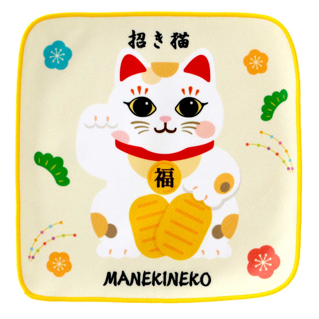 ビーエヌラボ　スマホ・メガネ拭き ハンカチ　日本　招き猫　イエロー　【BNLABO】