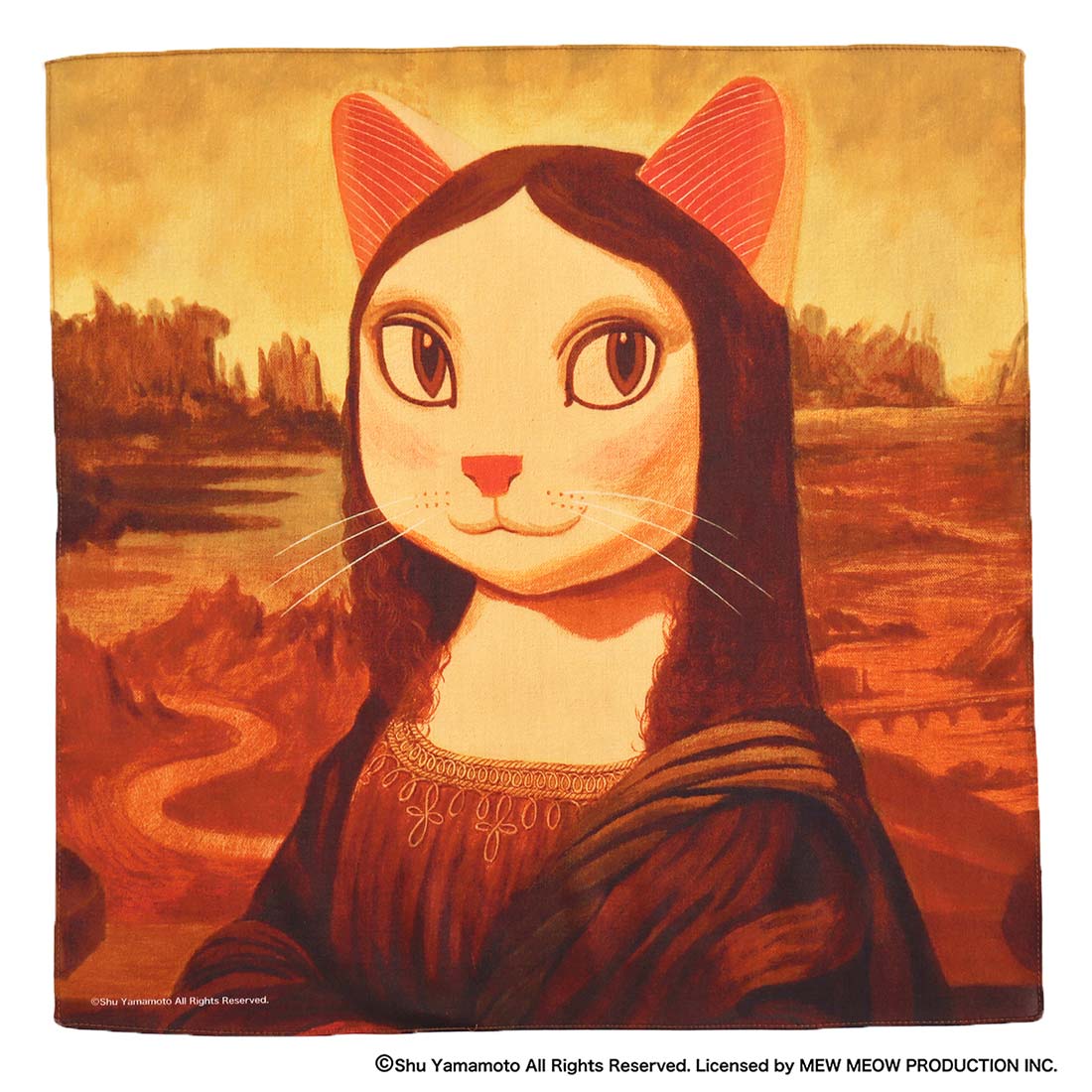 キャットアート　プリントハンカチ　モニャ・リザ/レオナルド・ニャビンチ　【CAT ART】