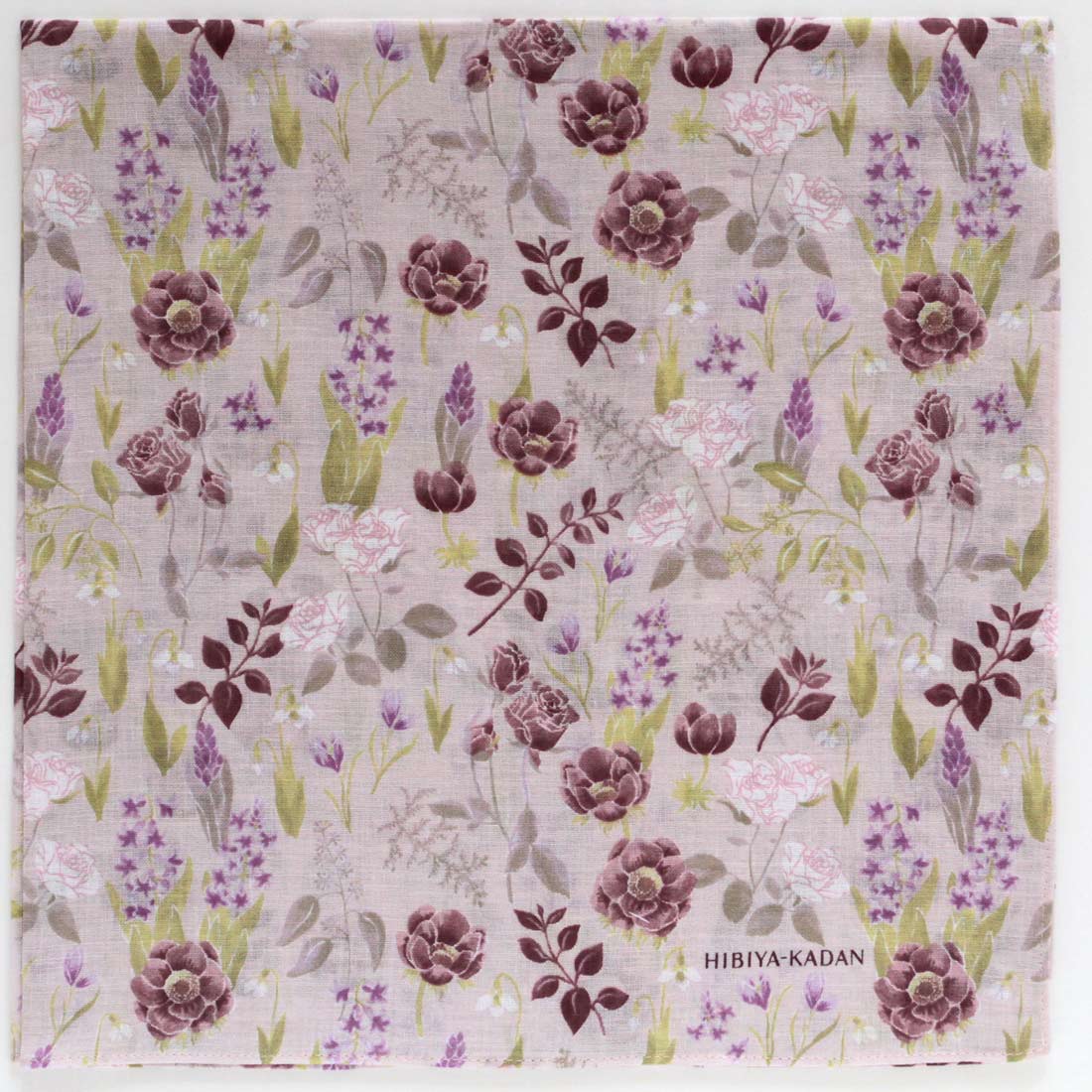 ヒビヤカダン　大判　ガーゼハンカチ（58cm）季節の花々　ピンク　