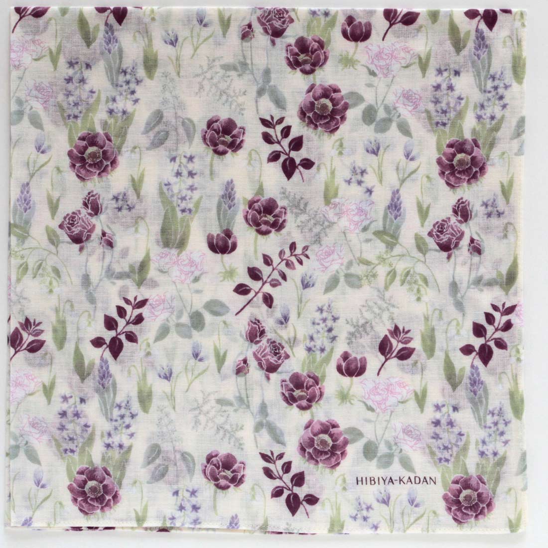 ヒビヤカダン　大判　ガーゼハンカチ（58cm）季節の花々　アイボリー　