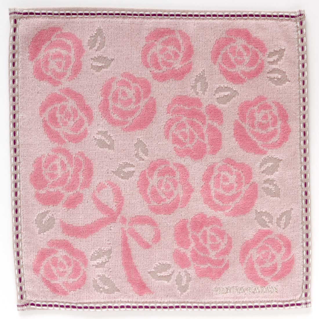 ヒビヤカダン　タオルハンカチ　バラモチーフ　縁取りステッチ　ピンク　