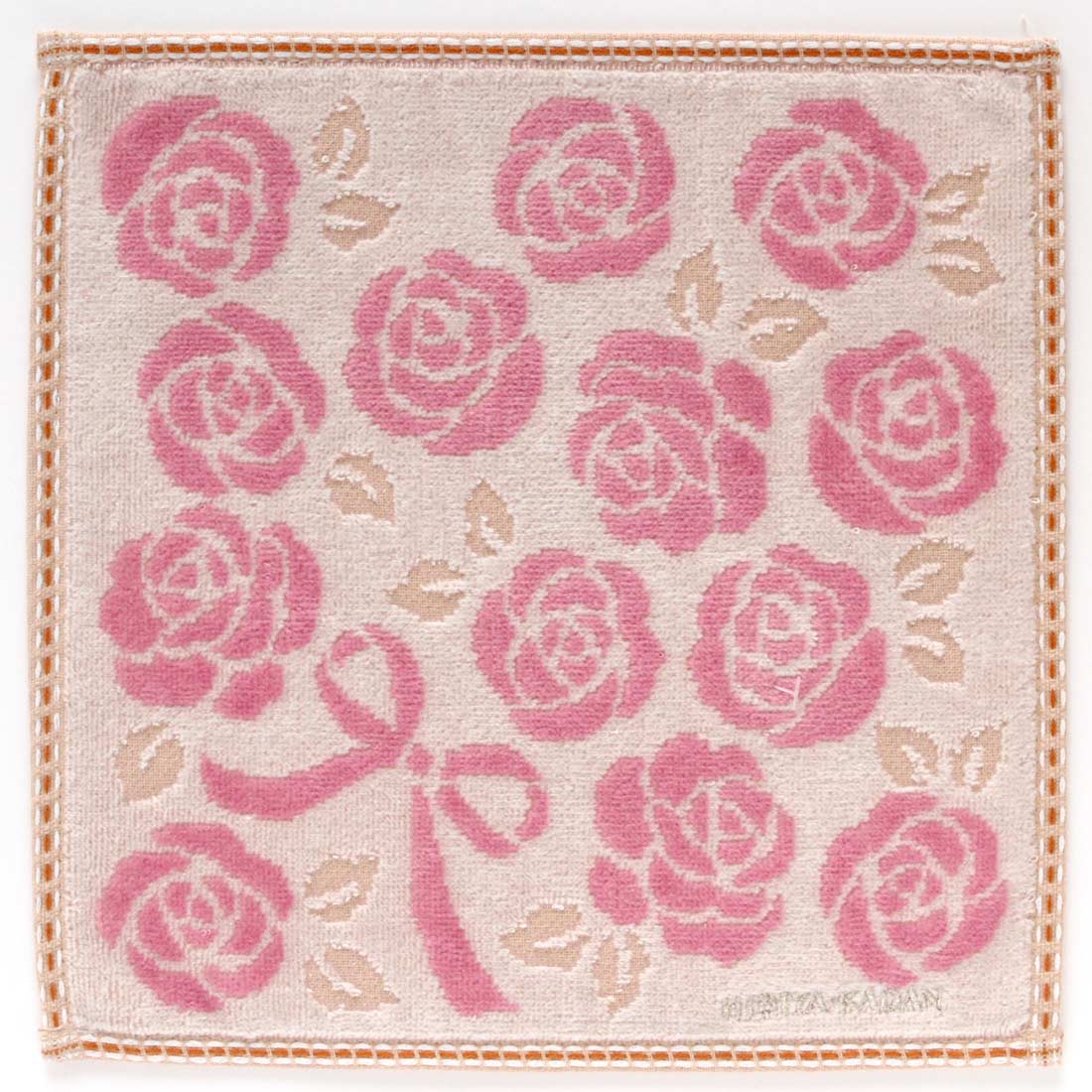 ヒビヤカダン　タオルハンカチ　バラモチーフ　縁取りステッチ　アイボリー　