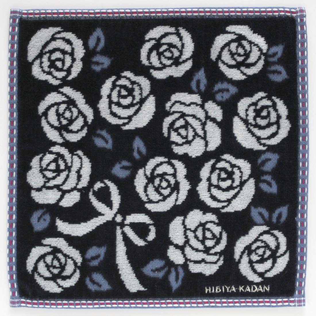 ヒビヤカダン　タオルハンカチ　バラモチーフ　縁取りステッチ　ネイビー　