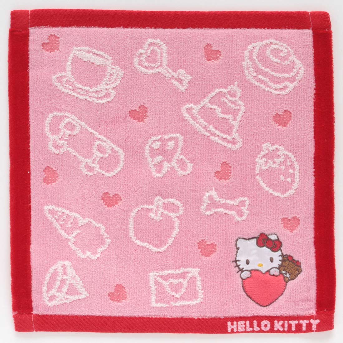 ハローキティ　タオルハンカチ　ハートアップリケ　レッド