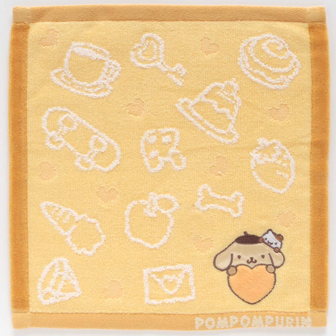 ポムポムプリン　タオルハンカチ　ハートアップリケ　イエロー