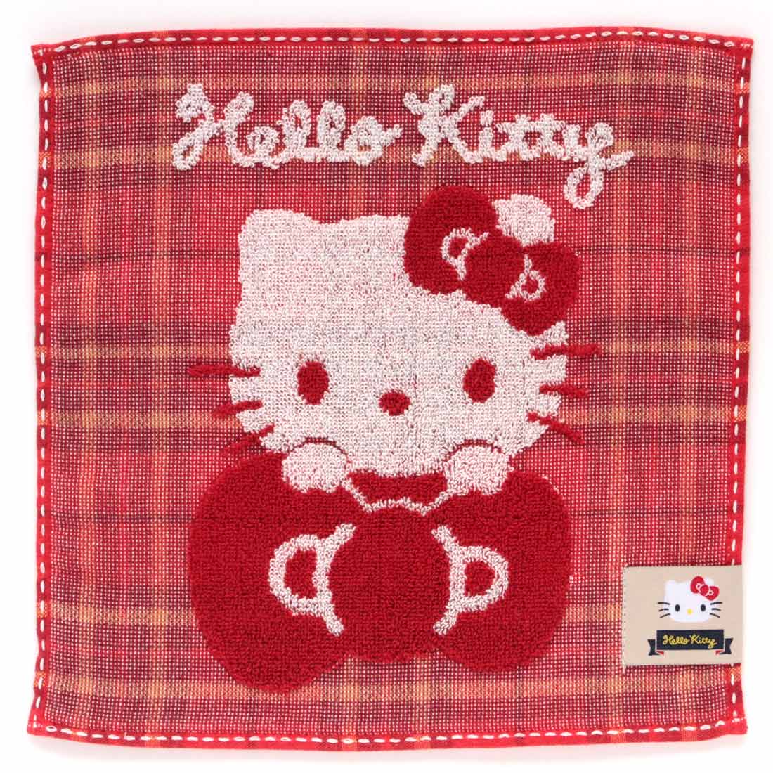 ハローキティ　タオルハンカチ　タータンチェック　レッド