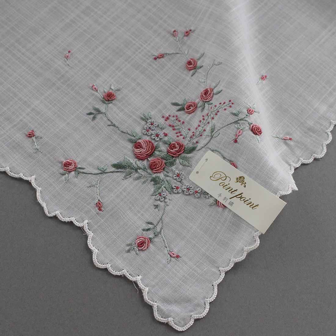 ポワンポワン　ベトナム手刺繍　ハンカチ　バラ　6201　ホワイト