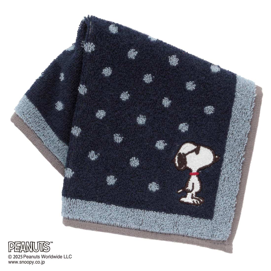 スヌーピー　メンズ　タオルハンカチ　ドット　ジョー・クール刺繍　ネイビー　【PEANUTS】