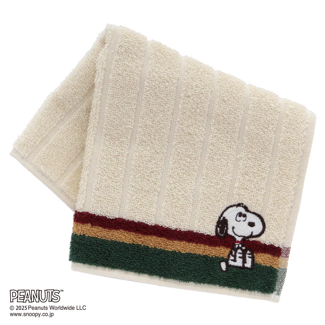 スヌーピー　メンズ　タオルハンカチ　ストライプ　スヌーピー刺繍　アイボリー　【PEANUTS】