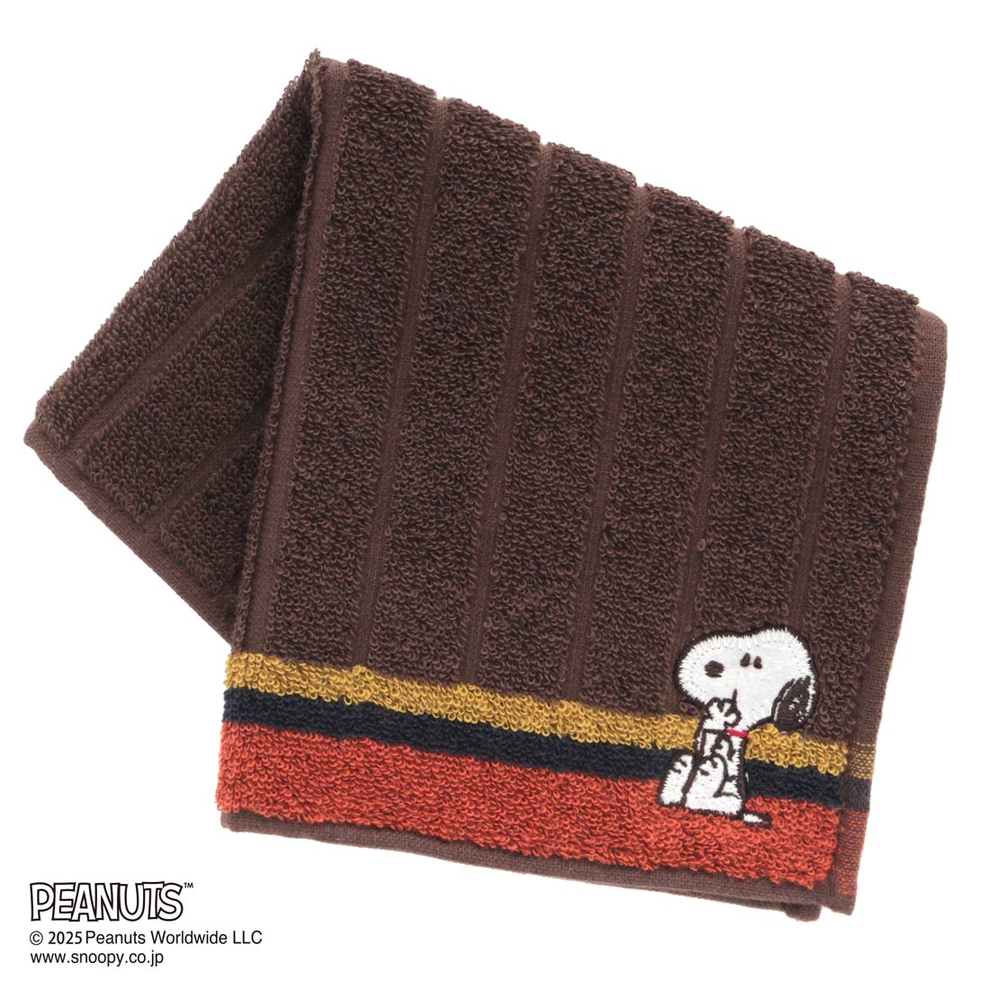 スヌーピー　メンズ　タオルハンカチ　ストライプ　スヌーピー刺繍　ブラウン　【PEANUTS】