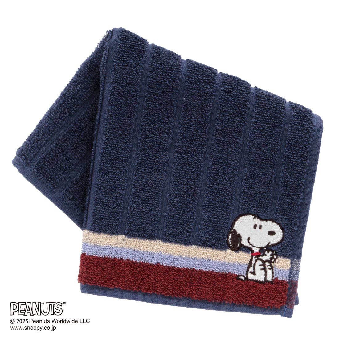 スヌーピー　メンズ　タオルハンカチ　ストライプ　スヌーピー刺繍　ネイビー　【PEANUTS】