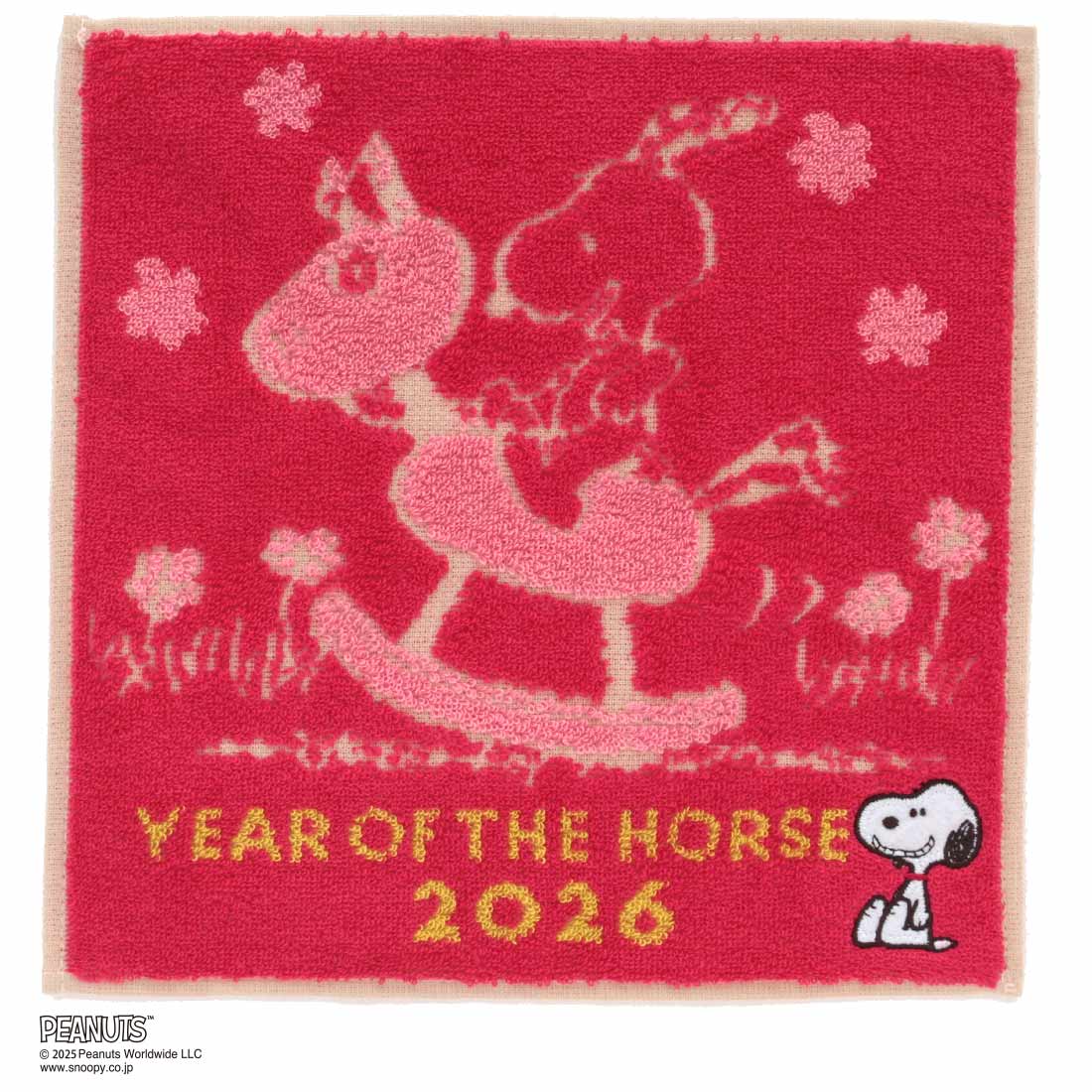 スヌーピー　タオルハンカチ　干支　木馬に乗るスヌーピー　ピンク　【PEANUTS】