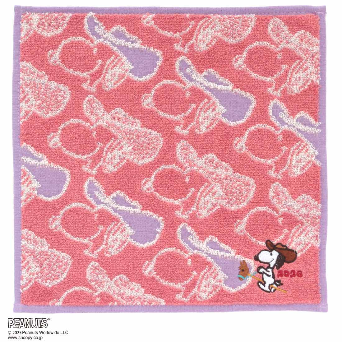 スヌーピー　タオルハンカチ　干支　棒馬に乗るスヌーピー　ピンク　【PEANUTS】
