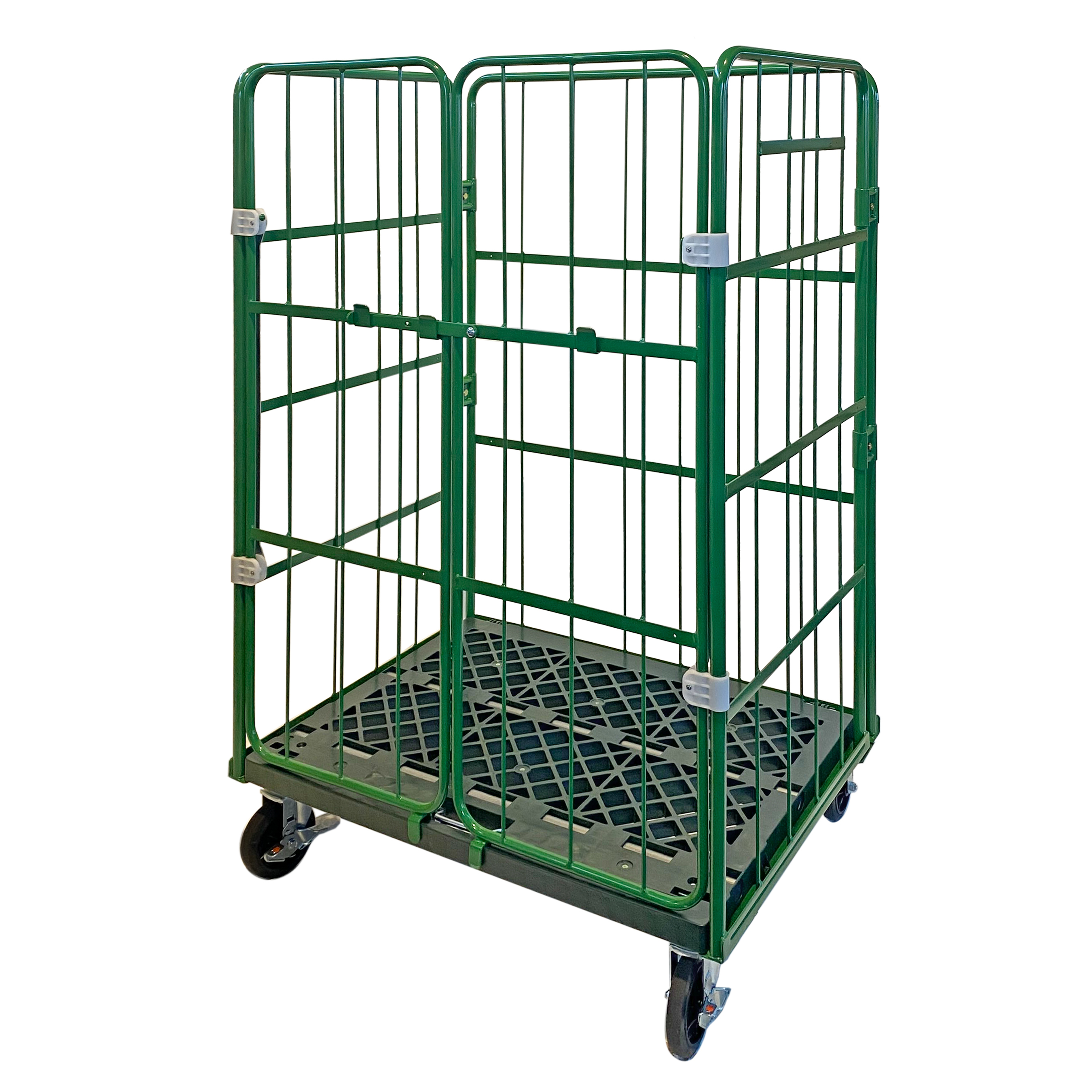 新品カゴ台車 観音開き 連結鉄タイプ W1100×D1100×H1700mm (グリーン)