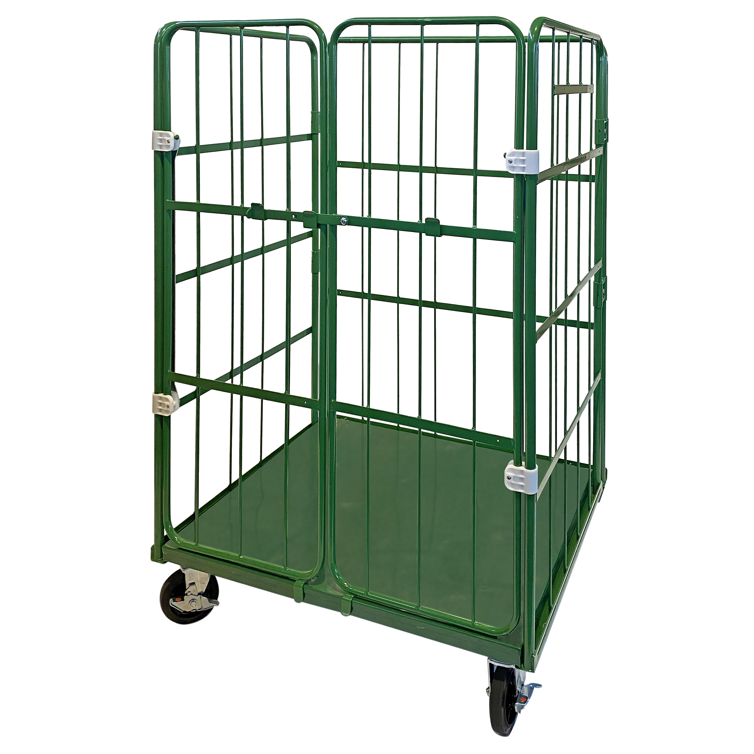 新品カゴ台車 観音開き 連結鉄タイプ 底板スチール W1100×D800×H1700mm  (グリーン)