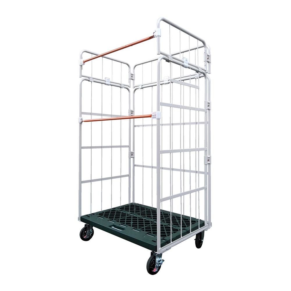 新品カゴ台車 連結鉄タイプ(バー2本) 底板樹脂 W1100×D800×H2000mm  (アイボリー)