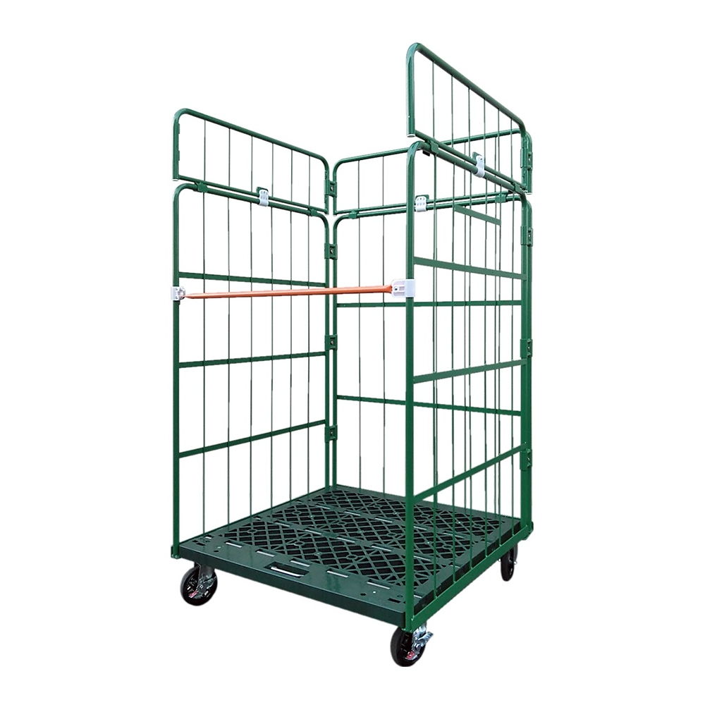 新品カゴ台車 連結鉄タイプ 底板樹脂 W1100×D1100×H2000mm  (グリーン)