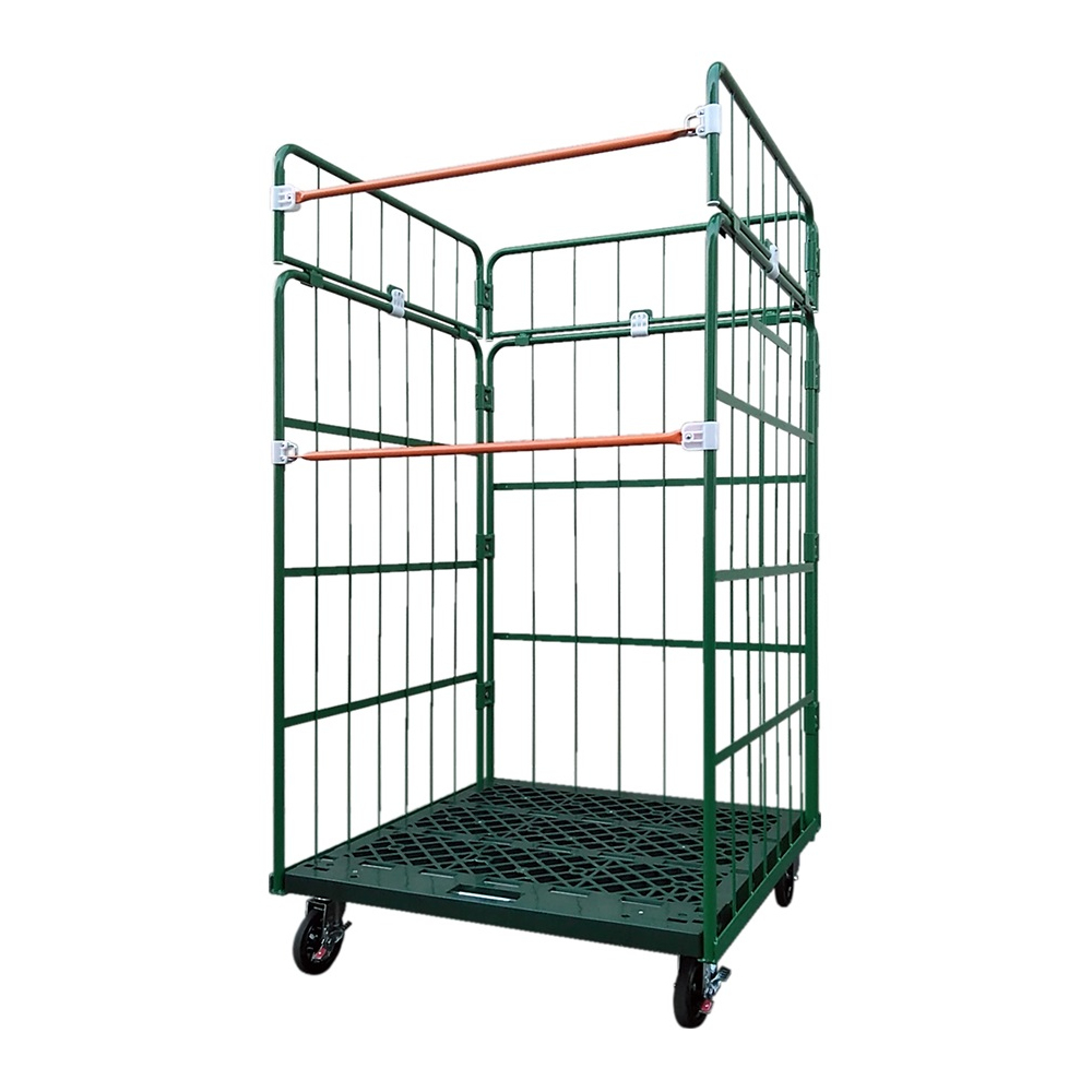 新品カゴ台車 連結鉄タイプ(バー2本) 底板樹脂 W1100×D1100×H2000mm  (グリーン)