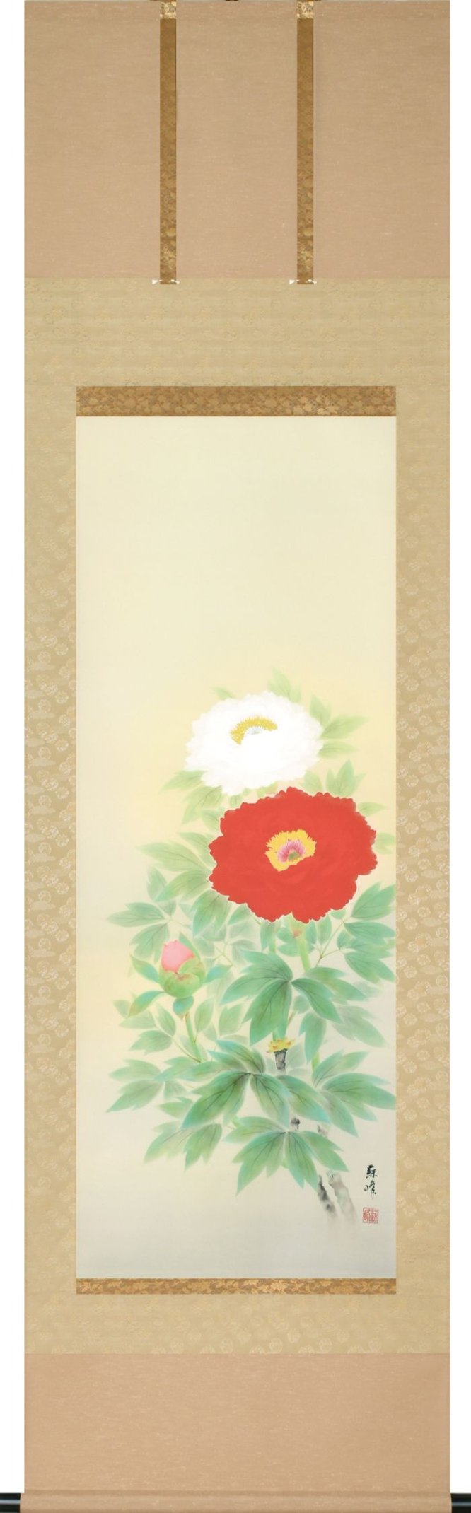 【掛軸】GK-3293 富岡蘇峰　紅白牡丹　尺五立（A1222）