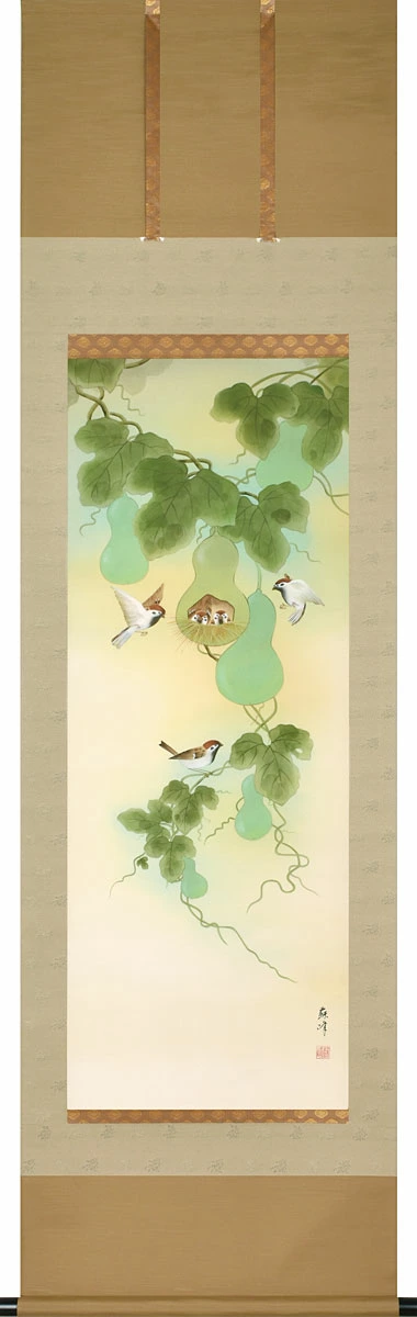 【掛軸】GK-3295　富岡蘇峰  六瓢福雀 　尺五立（A1410）