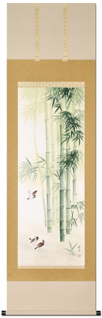 【掛軸】GK-3291 富岡蘇峰　竹に雀　尺五立（A2618）