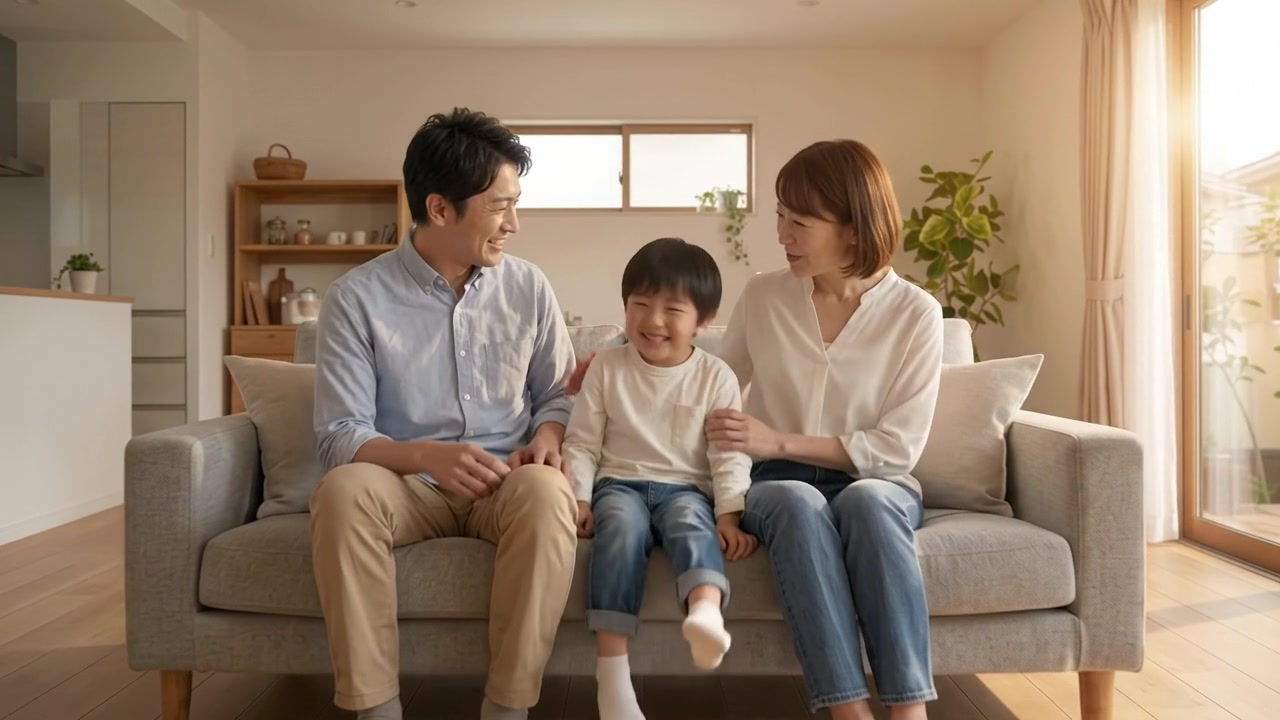完成した住まいでくつろぐ家族