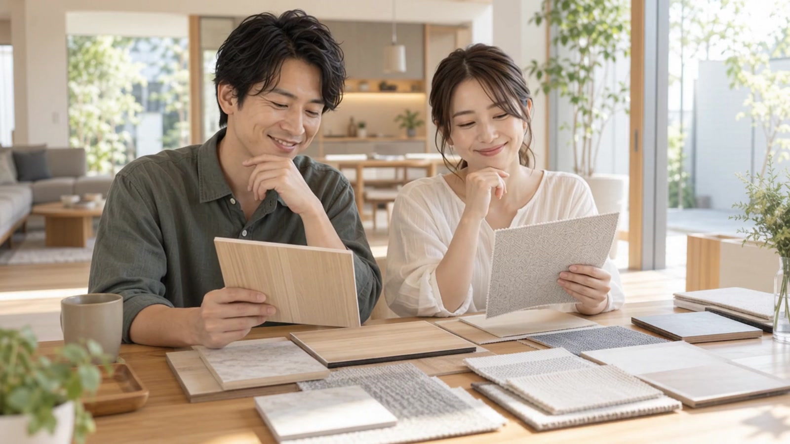 床材とクロスを一つずつ選ぶ夫婦